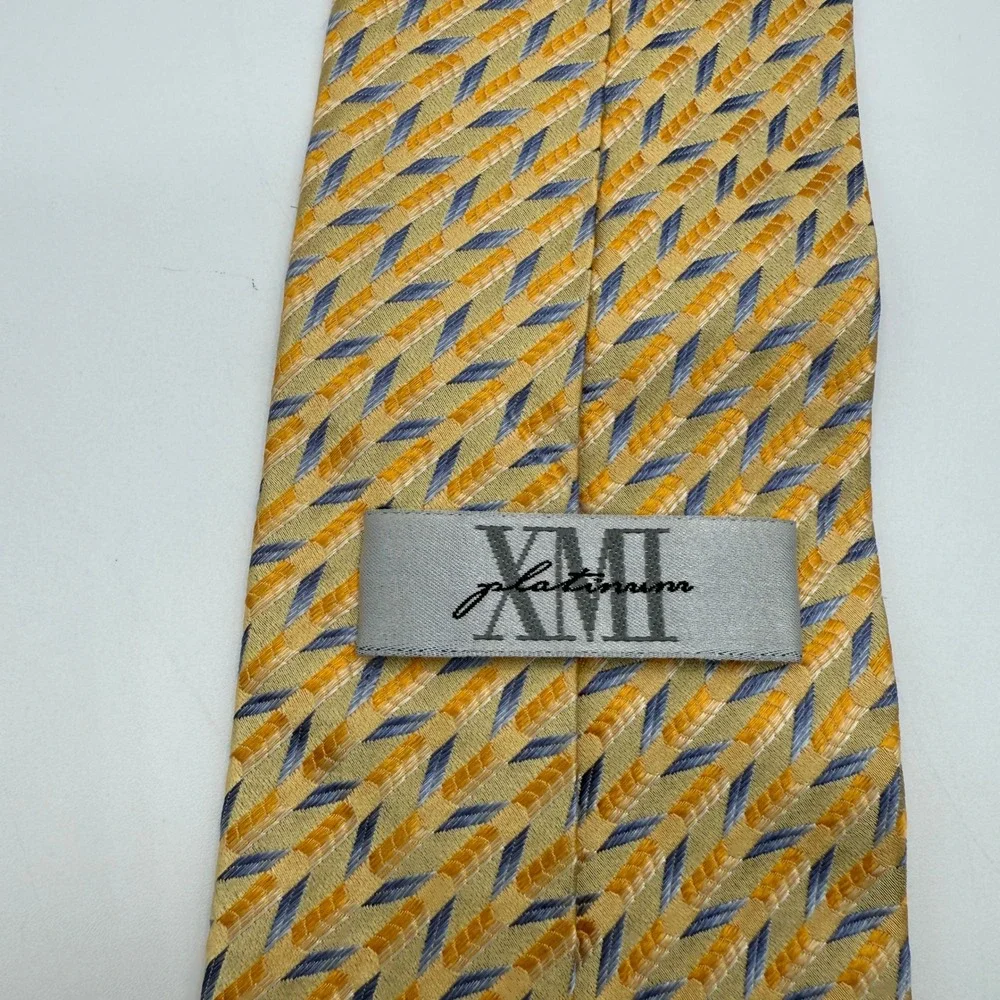 XMI Platinum Mens Silk Tie Yellow Blue Geometric Pattern Hand Made‎ In USA